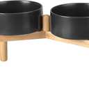 SPUNKYJUNKY Ceramics Elevated Dog Bowls with Wooden Stand Raised Dog Bowl for Medium Large Dog Food and Water Pet Feeding Bowl(Double 60OZ Bowls,Black)