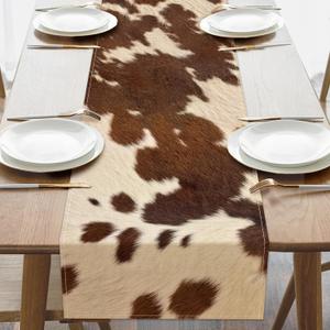 Cow Print Dining Table Runner, Brown Western Cottage Country Farmhouse Animal Fur Skin Burlap Kitchen Decoration, Rustic Cowhide Texture Indoor Outdoor Home Decor Party Supply 13 x 72 Inches