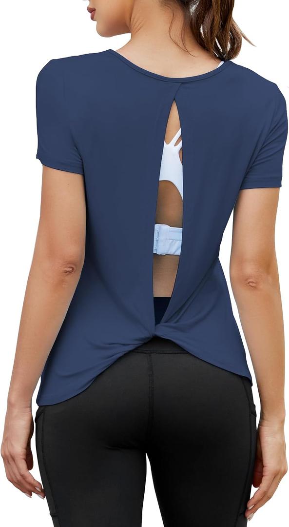 Mippo Open Back Workout Tops for Women Soft Short Sleeve Athletic Yoga Gym T Shirts (Blue, XL)
