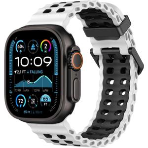 Breathable Ocean Band Compatible with Apple Watch Ultra 3/2/1 49mm,S11/S10 46mm,9/8/7 45mm,SE3/SE2/SE/6/5/4 44mm,3/2/1 42mm, Adjustable Silicone Band Breathable Sport Strap for Men Women (White/Black)