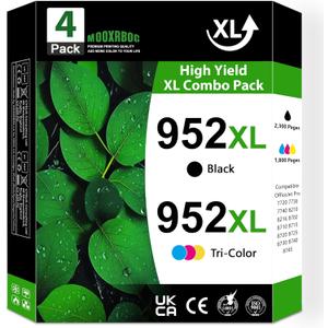 952XL Ink Cartridges High Yield (4-Pack, Black/Cyan/Magenta/Yellow) Replacement for HP 952 952XL Ink for OfficeJet Pro 7740 8210 8702 8710 8715 8720 Printer