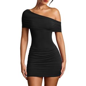 XXTAXN Women's Summer Sexy Elegant Cocktail Party One Shoulder Short Sleeve Ruched Mini Dress (Black, M)