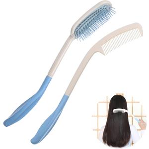 Long Reach Handled Comb and Hair Brush Set Applicable to Elderly and Hand-Disabled People inconvenient Upper Limb Activities (2 pcs)