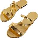 GORGLITTER Women's Metallic Strappy Open Toe Flat Sandal PU Leather Summer Slides Sandals (8.5, Gold)