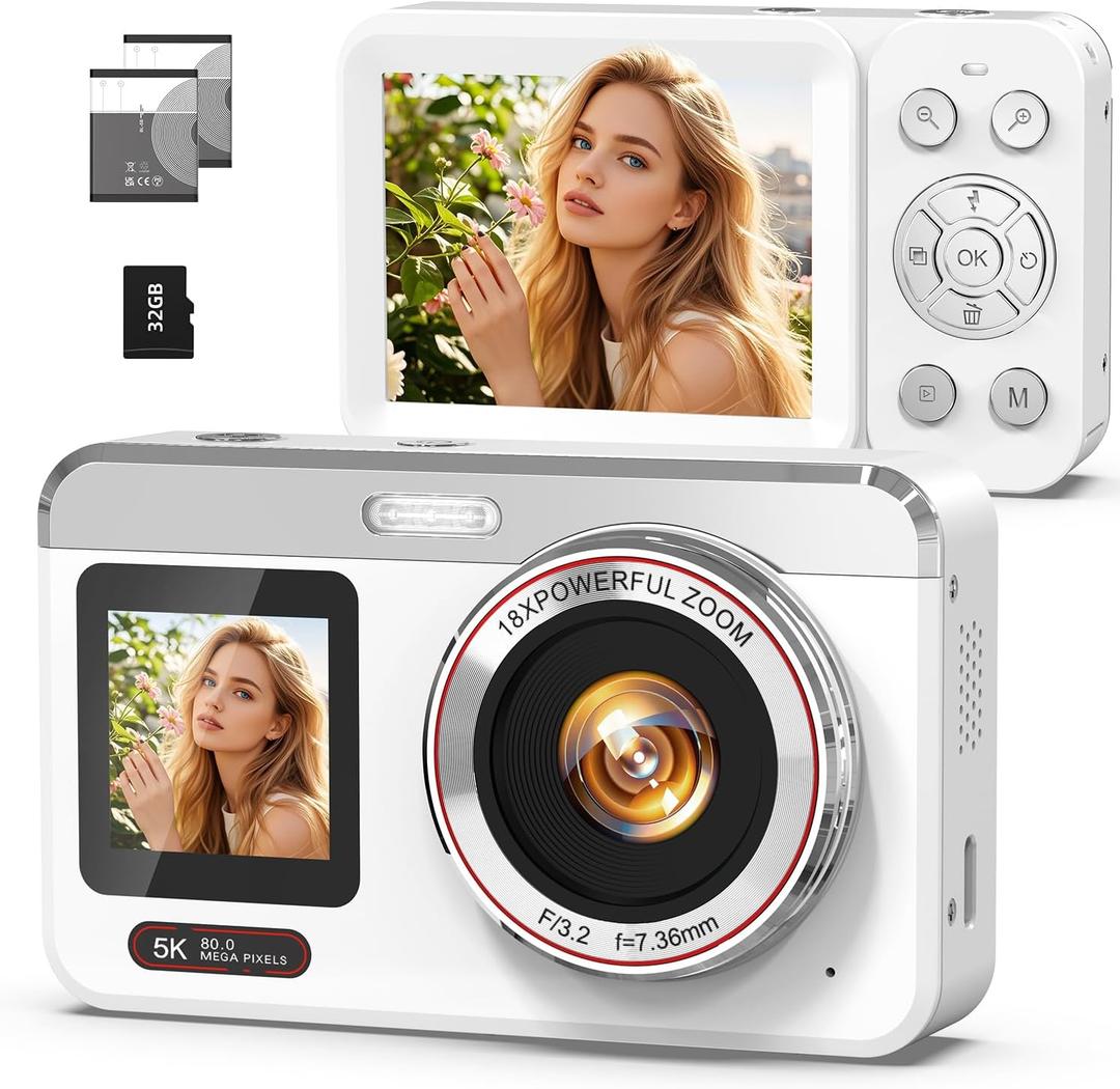 5K Digital Camera with Auto Focus, 80MP Point and Shoot Camera for YouTube, Dual Screen Vlogging Camera for Travel, 18X Zoom Compact Camera for Beginners & Teens with 32GB Card, White