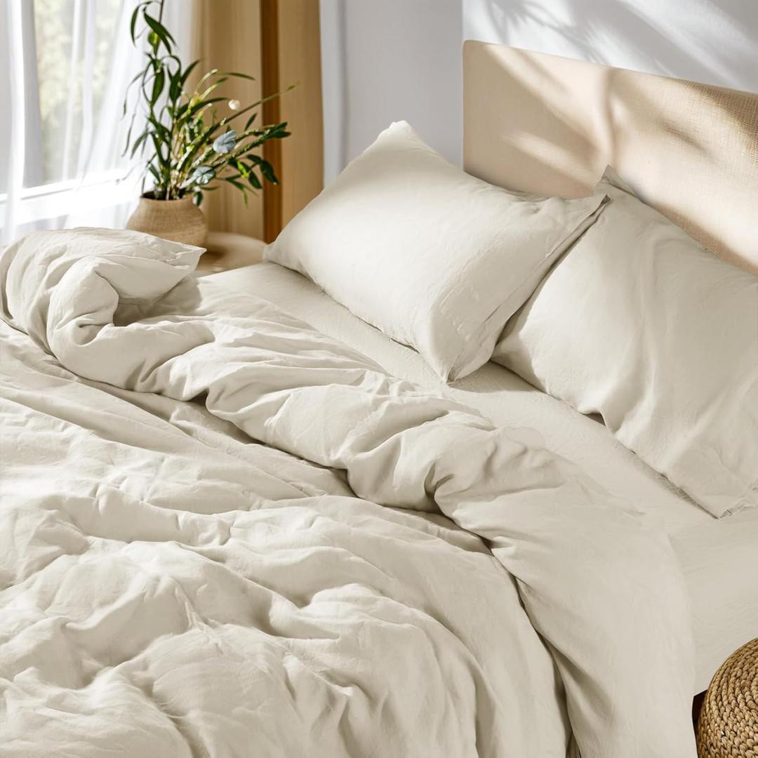 SONORO KATE 100% French Linen Duvet Cover Queen Size, Soft Breathable for Hot Sleepers, Moisture Wicking & Durable Cover Set - Zipper Closure & 4 Corner Ties Duvet Covers 3 Piece (Cream,Queen)