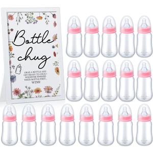Roowest Bottle Chug Baby Shower Games Favors Including 18 Pcs Bottles with 1 Bottle Chug Wooden Sign for Gender Reveal Baby Shower Party Supplies(Pink, Wideflower)