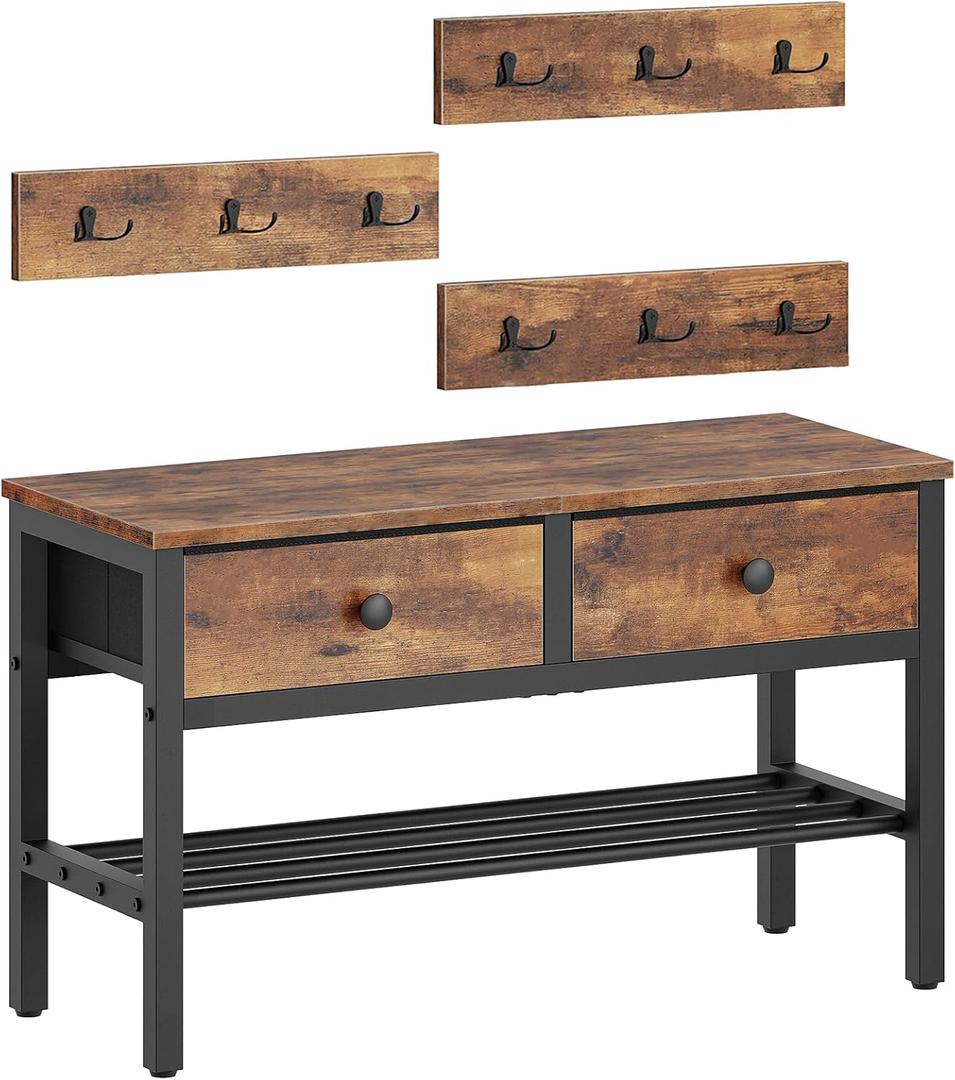 YATINEY Hall Tree with Bench and Shoe Storage, Entryway Bench with Coat Rack, 4-in-1 Coat Rack Shoe Bench, Multifunctional, for Front Door, Hallway, Foyer, Rustic Brown and Black MT05BR