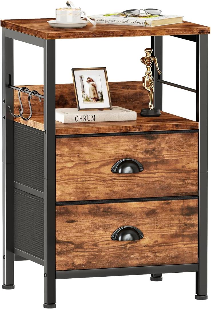 Furologee Nightstand with 2 Fabric Drawers, Night Stand with 2-Tier Shelf, Bedside Table with Hooks, Open Wooden Shelf, End Table for Bedroom, Backboard Design, Metal Frame, Rustic Brown