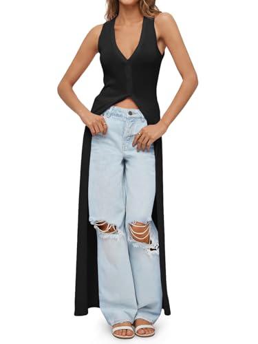 Saodimallsu Womens Long Cardigans Sleeveless V Neck Button Lightweight Knit Duster Vest Top Beach Cover Up Black, XS
