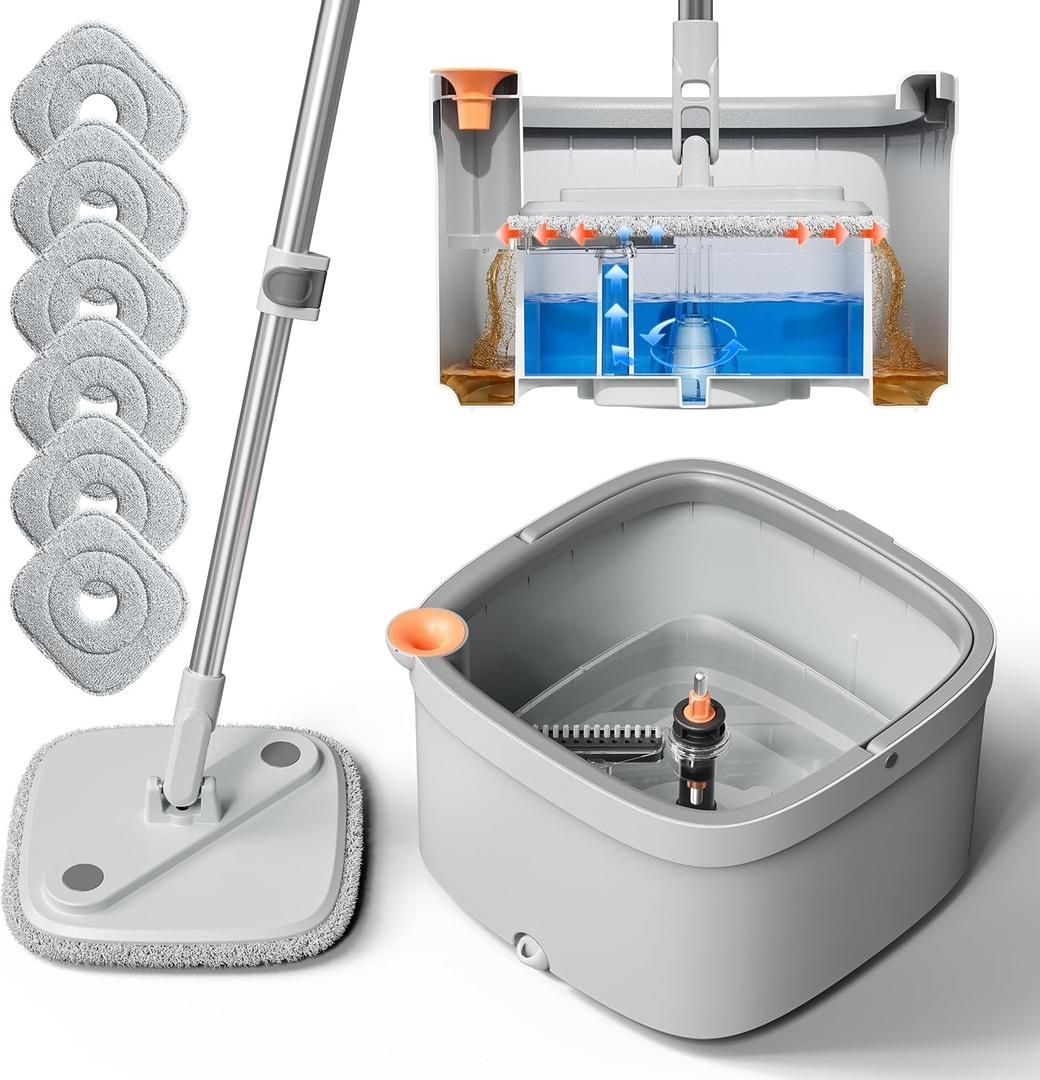 KZKR Spin Mop and Bucket Set with Self Separation Dirty and Clean Water System, Self Wringing 360 Rotating Square Mop Head for Home Floors Cleaning (1.0 Mop and Bucket Set (6 Pads))