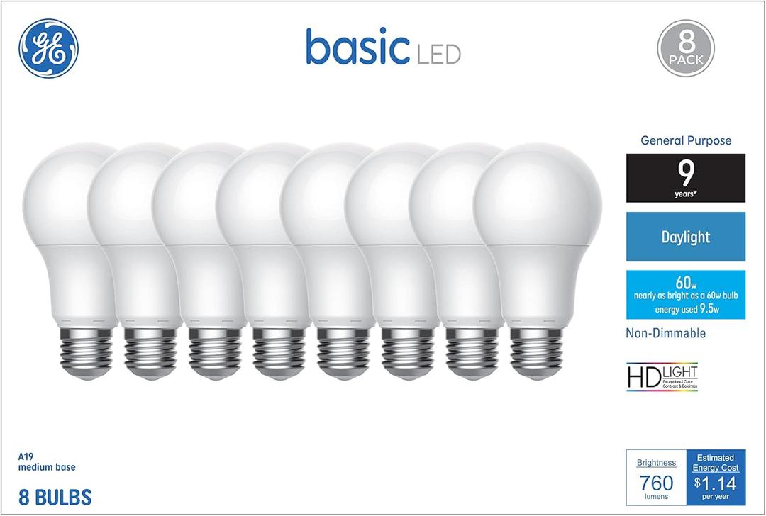 GE Basic Light Bulbs, 60 Watt, Daylight, A19 (8 Pack)