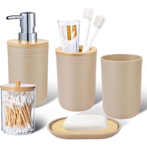 iMucci Bathroom Accessories Set 5Piece Beige Bathroom Sets, Toothbrush Holder, Toothbrush Cup, Lotion Soap Dispenser, Soap Dish and Qtip Holder Bathroom Decor