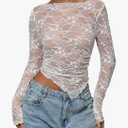 WDIRARA Women's Sheer Mesh Lace T Shirts Boat Neck Long Sleeve Asymmetrical Crop Tops Large
