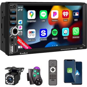 7'' Wireless Apple CarPlay Double Din Car Stereo,Car Radio with IPS HD Touchscreen,Bluetooth 5.2,FM Radio,Backup Camera,Android Auto,Mirror Link,USB/Type-C/AUX/TF,180W Audio Subwoofer Output