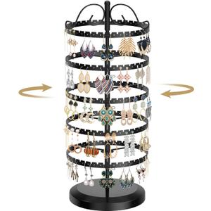 LASZOLA 5 Tier Black Earring Holder Organizer Tree Women Display Storage for Stud and Hoop, Large Cool Rotating Clip Stand for Pierced and Dangle Earring, Vertical Metal Tower Carousel with 400 Holes