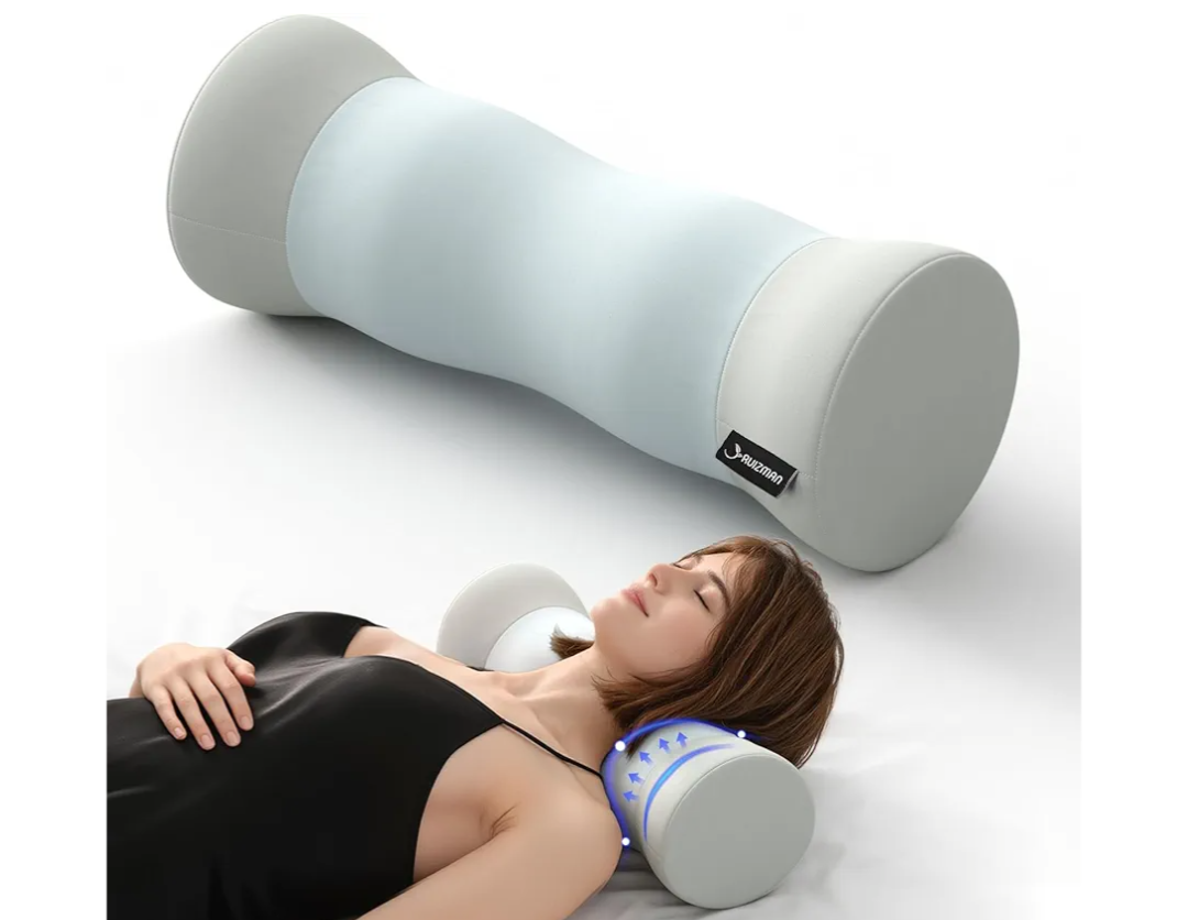 Neck Roll Pillow - Memory Foam Round Neck Pillow - Ergonomic Cervical Roll Pillow, Breathable & Removable Cover - Multi-Use Bolster Pillow for Neck, Leg, Back, Yoga (Blue Grey)