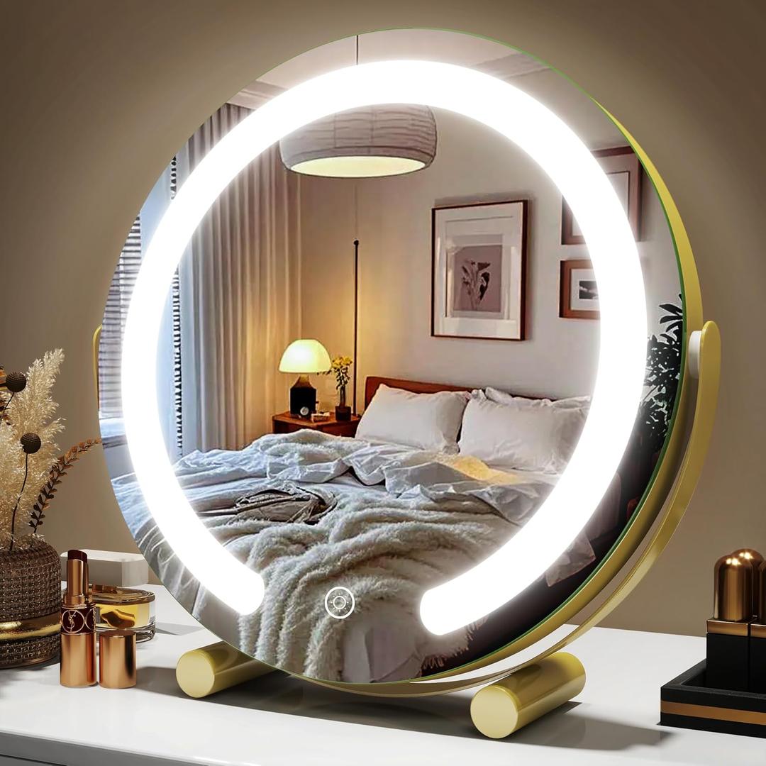 ROLOVE Aesthetic Gold Vanity Mirror with Soft Lights, 12 Inch Standard 1X View, 3-Color Dimmable Tabletop Mirror for Bedroom Decor, 360 Rotation Ambient Light up Mirror