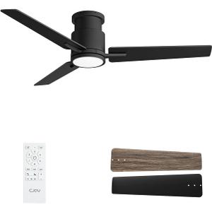 CJOY 52'' Flush Mount Ceiling Fan with Lights, Low Profile Ceiling Fans with Lights and Remote, 6 Speeds Quiet Reversible DC, 3CCT Dimmable, Outdoor Ceiling Fans for Patios Bedroom Living Room (Black)