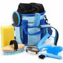 Cunhill 9 Pcs Horse Grooming Kit Tack Room Supplies Set with Tote Bag, Oval Massage Curry, Hard and Soft Brush, Hoof Pick, Sweat Scraper, Bathing Sponge, Comb for Horse Rider(Classic,Light Blue)