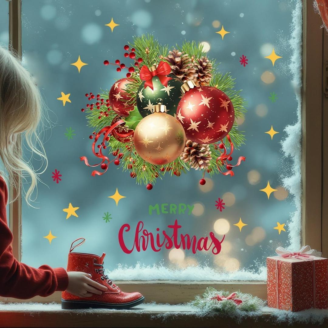 Christmas Window Clings 1 Sheet Merry Christmas Window Stickers with Ornament Mistletoe Pine Cone Designs Xmas Bouquet Windows Decals for Glass Winter Holiday Decor Party Supplies