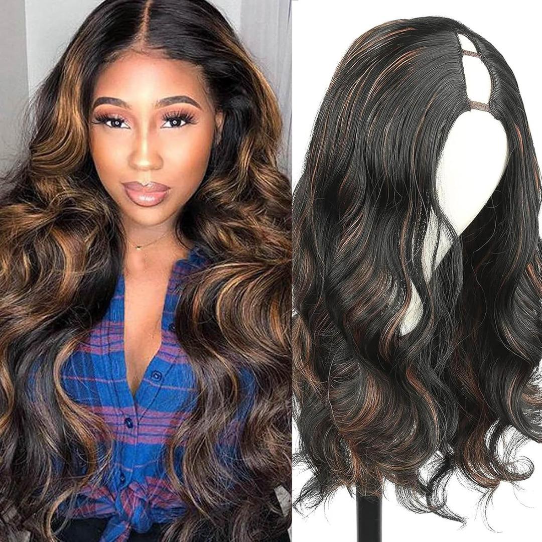 Highlights V Part Wigs for Black Women Highlight Brown Body Wave V Part Wig Ombre Brown Body Wavy Glueless Wig Synthetic Long Wave V Shape Wig 24 Inch for Daily Party Use (1b/30/350)