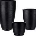 Floridis Plastic Plant Pot, Black, Set of 3 (11+17+25 inch) with Drainage Hole and Saucer. Outdoor and Indoor Set of Black planters for patios, Front Porch.