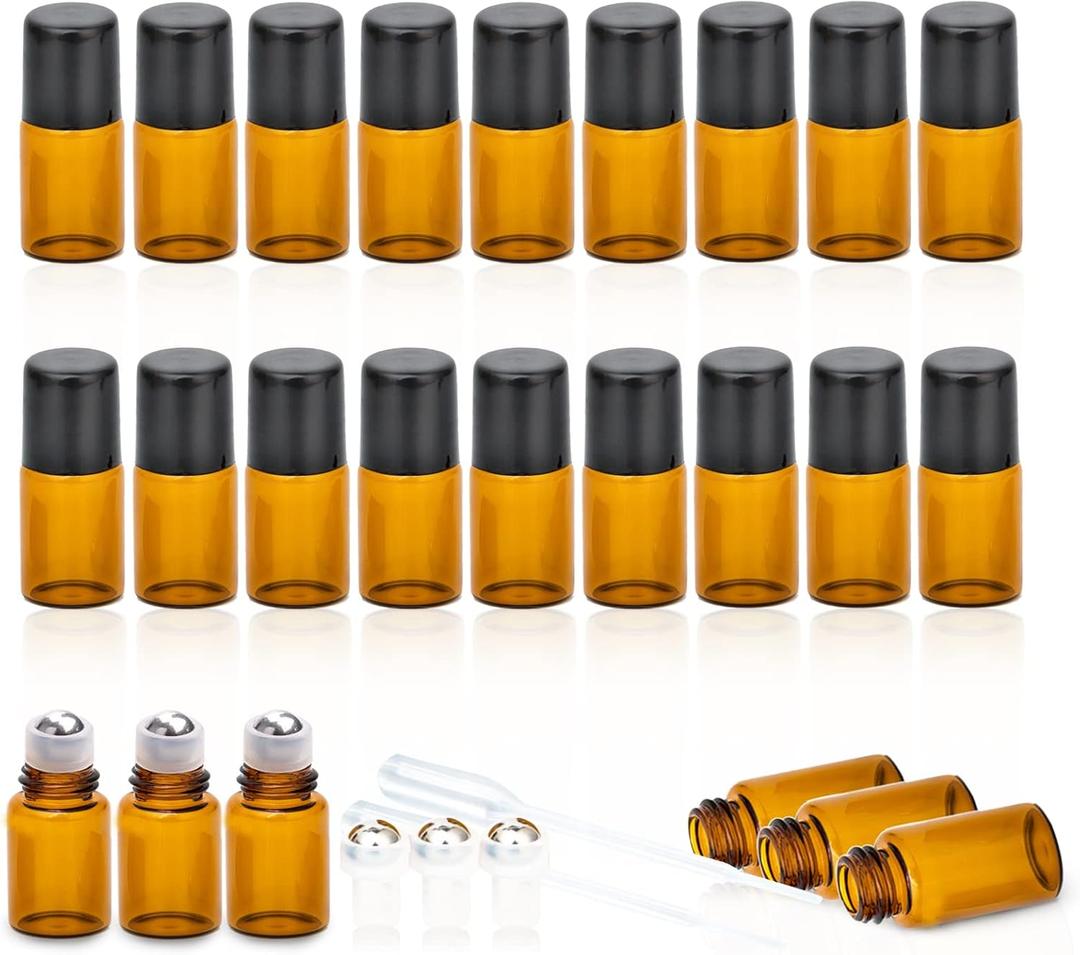 ZEJIA 2ML Essential Oil Roller Bottles, 24 Pack Amber roller bottles for oils, Mini Glass Roll on Bottles with Stainless Steel Roller Balls&2 Droppers (Brown)