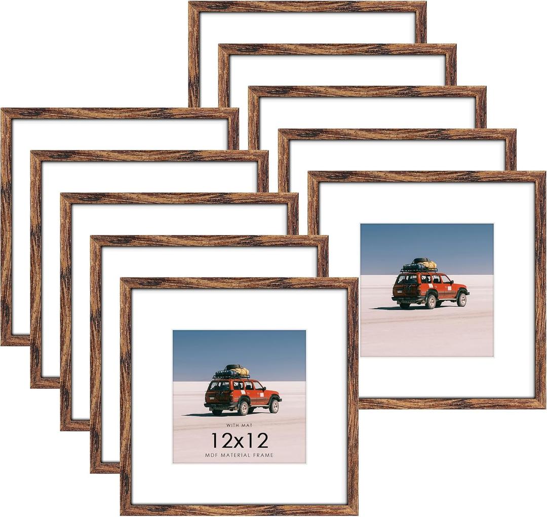 12x12 Picture Frame Sef of 10, Display Pictures 8x8 with Mat or 12 x 12 Without Mat, Photo Frame Collage for Wall Gallery Decor, Wall Mounted, Brown
