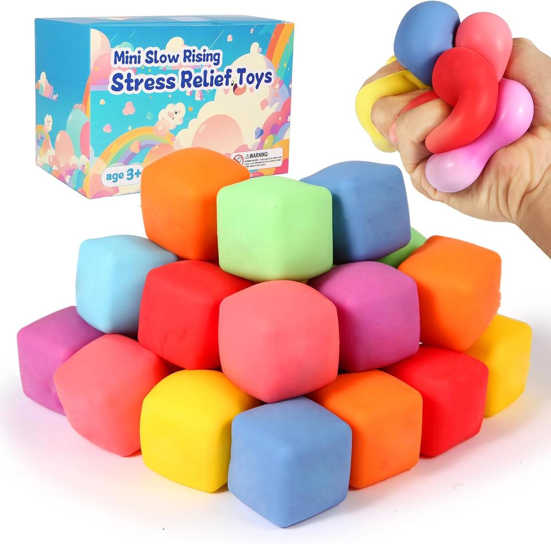 24 Pack Slow Rising Stress Cube , Dough Stress Balls Soft Fidget Squishy Toys for Anxiety Relief, Pull Stretch Classroom Prize Party Favors Toys for Kids, Small