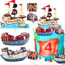 Pirate Ship Cake Topper Nautical Sailboat Model Decoration Set Gold Coins and Pirate Gems Pirate Treasure Chest Compass for Kids Pirate Birthday Party Supplies pirate cake decoration