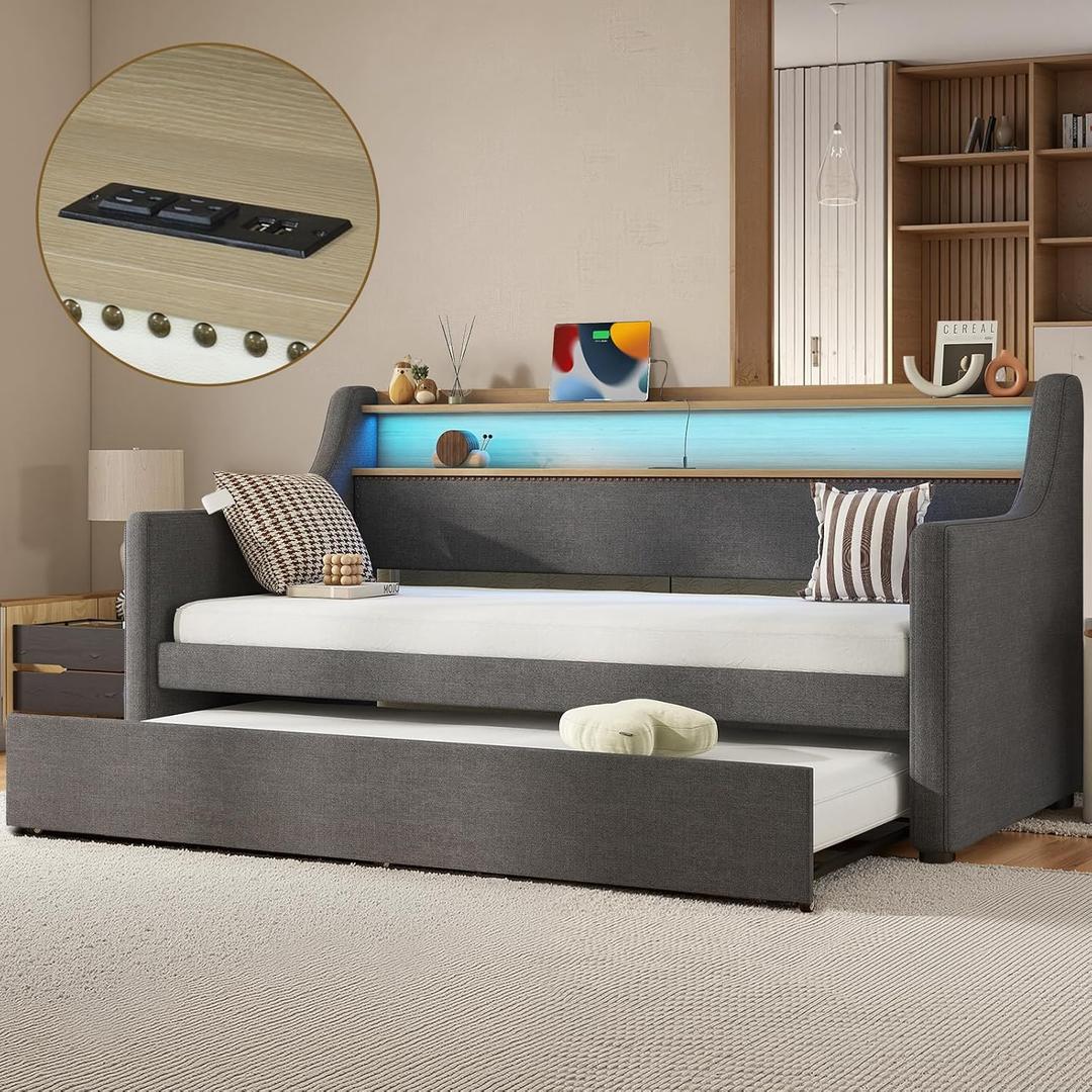 Twin Upholstered Daybed & Roll-Out Trundle, Linen Frame with LED Light, Built-in Charging Station, Storage Headboard & Rolling Guest Bed for Living Room Bedroom Guest Room, Gray