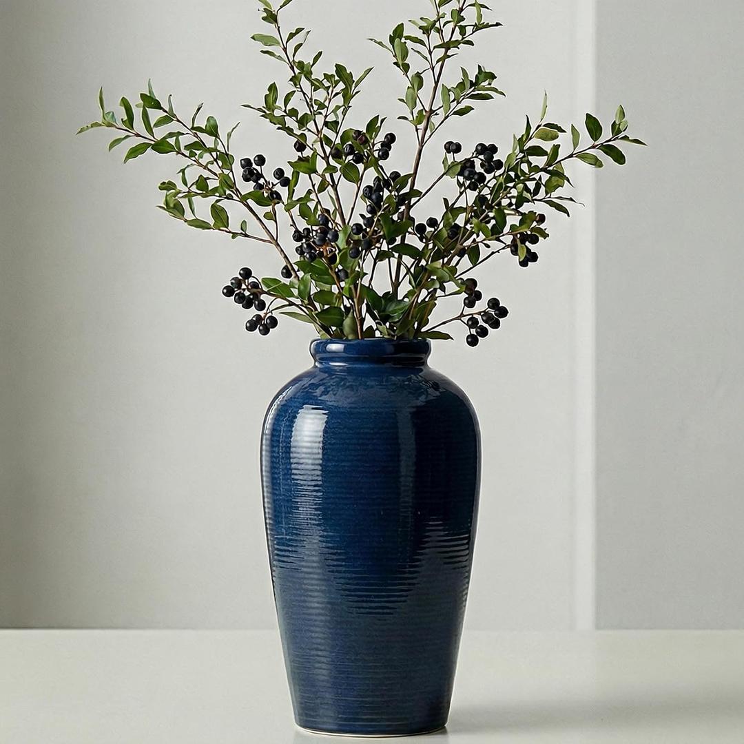 Blue Ceramic Vases Home Decor - 11 Inch Tall Farmhouse Vases for Flowers, Modern Textured Vase for Centerpieces, Living Room, Kitchen Island Decor, Fireplace, Entryway Decorations