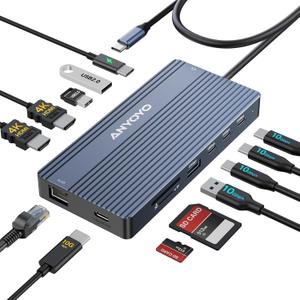 ANYOYO USB C Docking Station, 14 in 1 USB Hub for 3 Monitors, Dual 4K@60Hz HDMI & USB-C Video, 4xUSB-C(10Gbps),3X USB-A, Ethernet, SD/TF& 3.5mm Audio  Multiport Adapter for Lenovo/Dell/HP (Gray)