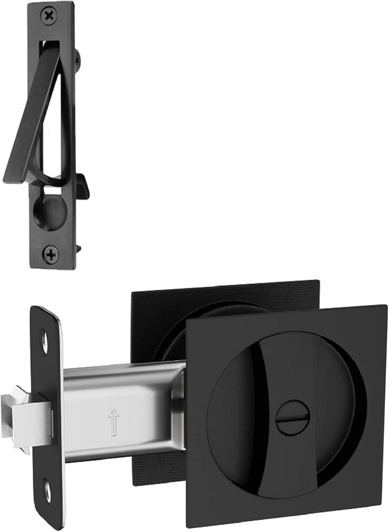 Pocket Door Hardware Black, Pocket Door Lock with Pull, Pocket Door Latch, Matte Black Contemporary Pocket Door Privacy Lock(1 Pack, Square)