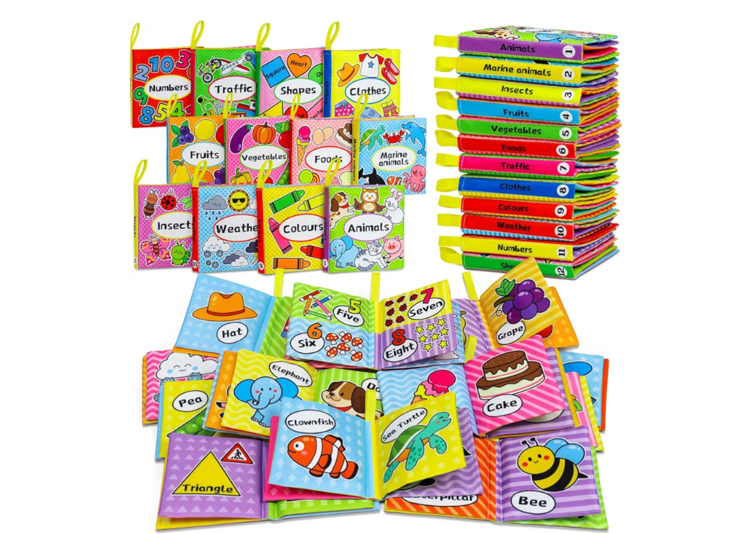 OKOOKO 12PCS Soft Baby Books, Soft Cloth Books, Bath Toys, Crinkle Washable Non-Toxic Early Education Preschool Learning Toy for Newborns Babies Infants Toddlers Kids