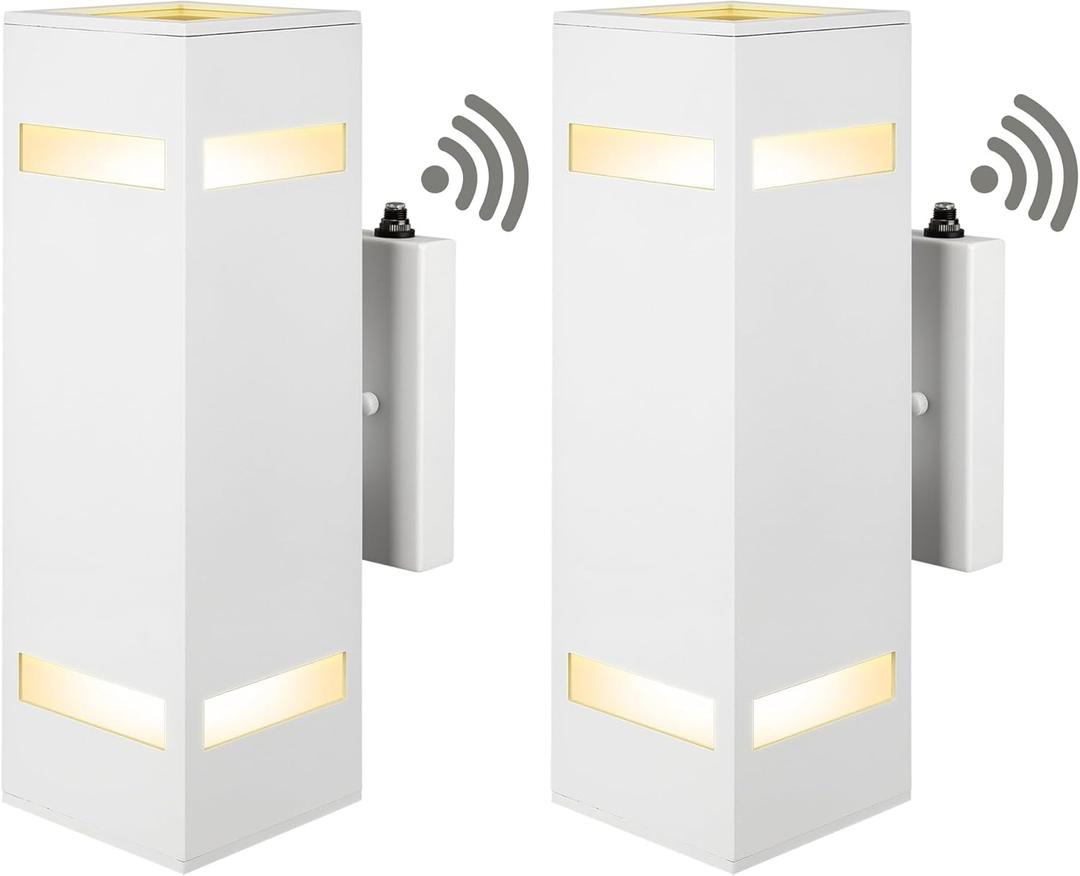 Dusk to Dawn Sensor Outdoor Wall Lights,2 Pack, Aluminum Modern Waterproof Square Cylinder Wall Lantern Exterior Up Down Light Fixtures Matte White with Frosted Glasses