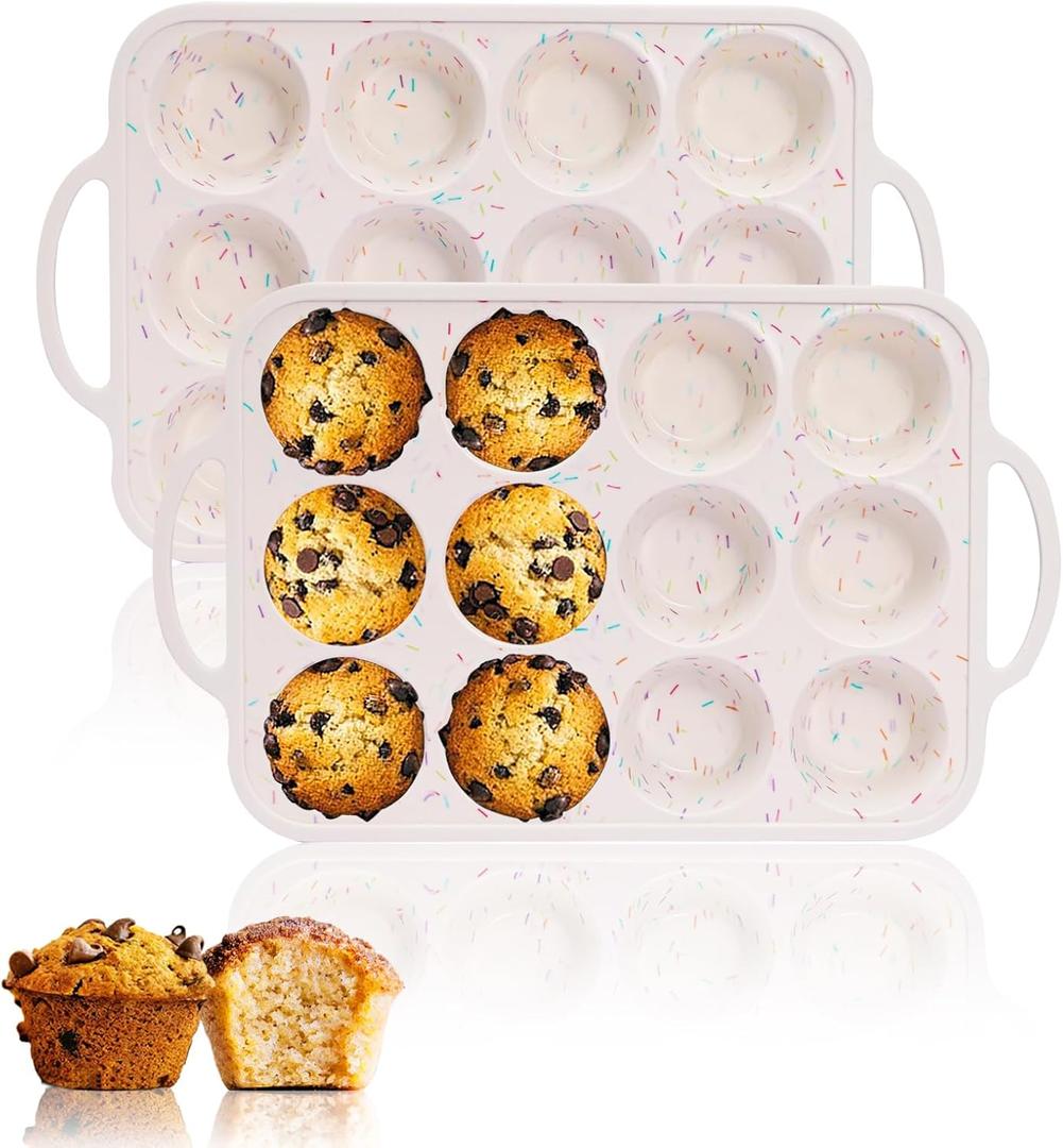 Silicone Muffin Pan, 12 Cups Muffin Tin Baking Mold With Reinforced Stainless Steel Frame Inside, Nonstick Bakeware Cupcake Pan BPA Free, 2 PCS