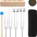 Tuning Forks for Healing Set Includes 128Hz, 136Hz, 256Hz, 384Hz, & Activator, Bamboo Base, Rubber Hammer, Portable in Black Luggage Sound Healing Instruments for Chakra, Yoga, and Meditation (Tuning Fork 5set)