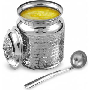 KSJONE Stainless Steel Hammered Oil and Ghee Container for Kitchen I Multipurpose Oil Container with Lid I Capacity of 17 oz