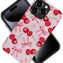 Generic Case for iPhone 16 Pro Max - [Drop Protection Phone Cover] - Hybrid Case for Girl Women - Cherry Ribbon Bow Fruit Pink
