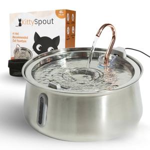 KittySpout Stainless Steel Cat Water Fountain Automatic Drinking Fountain, Quiet Circulating Water Bowl, Dishwasher Safe, Indoor Pet Fountain for Hydrated Healthy Cats (Stainless Steel, 4L Corded)