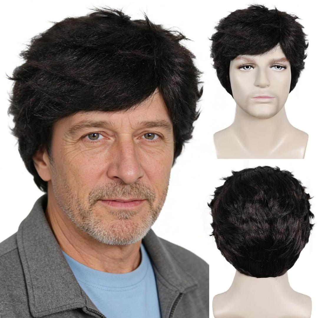 ANOGOL Men's Short Hair Wig Dark Brown Mens Wig Short Brown Wig Handsome Male Wigs Daily Shaggy Costume Pelucas Para Hombres Synthetic Dandy Man Style Funny Clerk Halloween Cosplay for Christmas Party