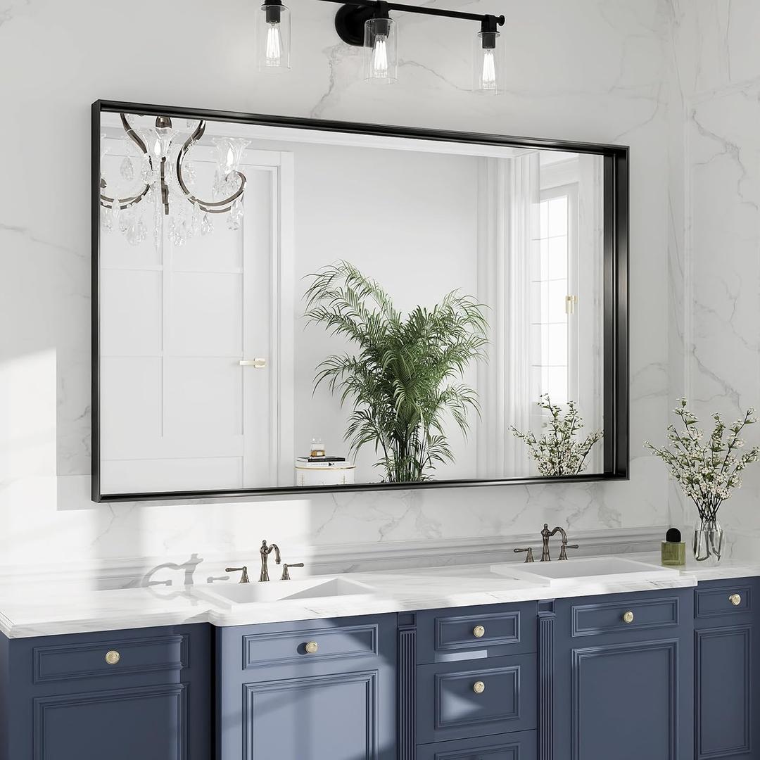 Black Bathroom Mirror 48x30, Wall Mounted Rectangular Vanity Mirror, Brushed Matte Frame, HD Distortion-Free Tempered Glass, Anti-Rust, Horizontal Vertical, Hardware Included