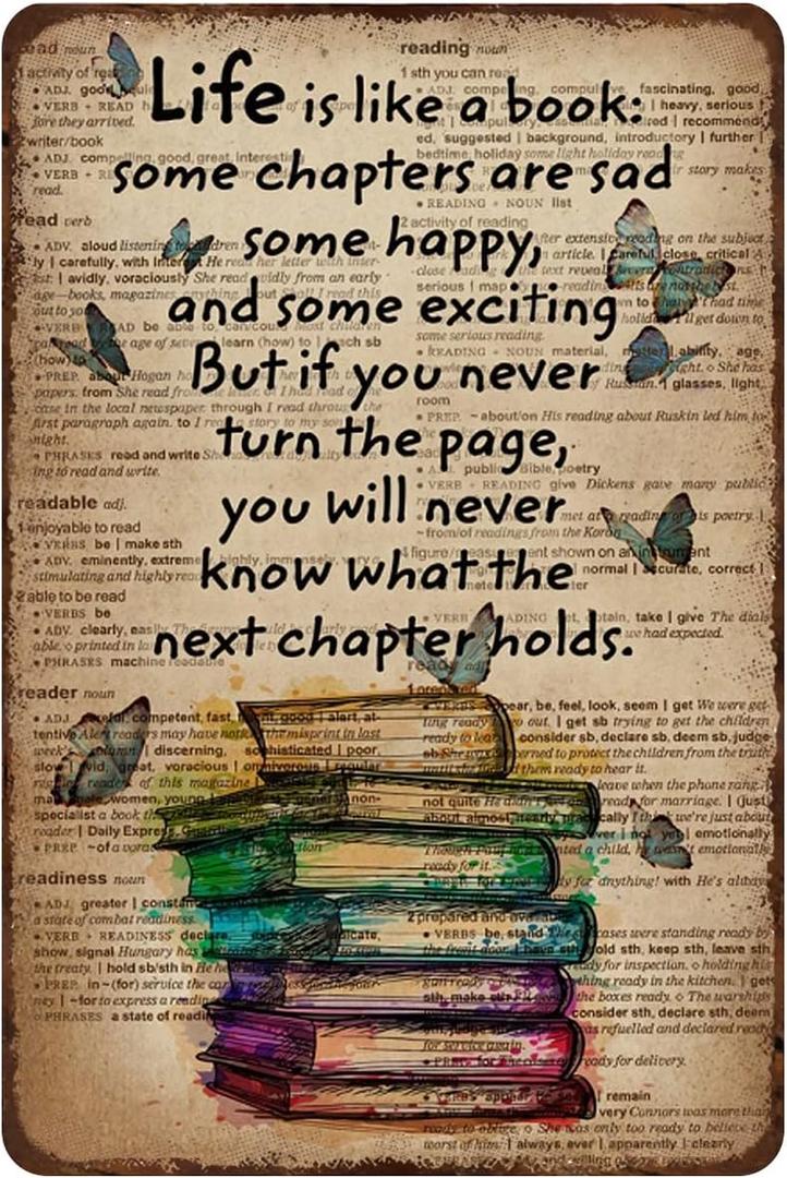Mocozim Retro Metal Tin Sign Life is Like A Book Poster Reading Decor Vintage Wall for Living Room Office Classroom Library Cafe Courtyard Decoration 8x12 Inch
