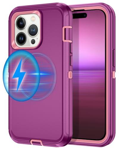 I-HONVA for iPhone 14 Pro Max Case [Compatible with MagSafe] Shockproof 3-Layer Full Body Protection Rugged Heavy Duty Cover Case for Apple iPhone 14 Pro Max 6.7",Purple/Pink