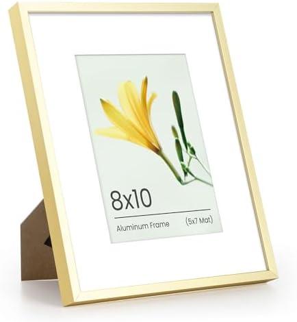 Heimlove Metal Picture Frame - Upgrade Aluminum Photo Frames, 5x7 with Mat or 8 x 10 Without Mat, for TableTop Display and Wall Mounting, Wall Hook Hanging Hardware Included - (Gold, 1 Pack)