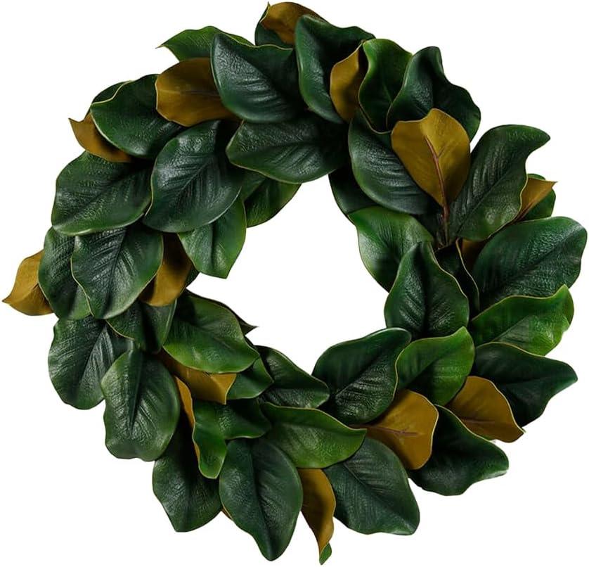 Serene Spaces Living Artificial Magnolia Leaf Garland and Wreath, Ideal to Hang at Wedding, Store Display, Window Sill, Fall Decor, Holiday Dcor (24" Green & Brown Magnolia Wreath)