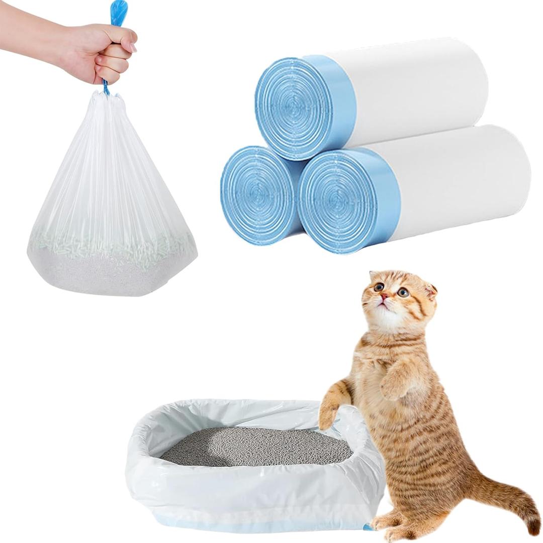 60 Count Cat Litter Box Liners - Large Drawstring Cat Litter Bags, Extra Thick Heavy Duty Durable Litters Tray Pet Cats Pan Liners, Waste Replacement Bags for Self-Cleaning Cats Litter Boxes 16" x 25"