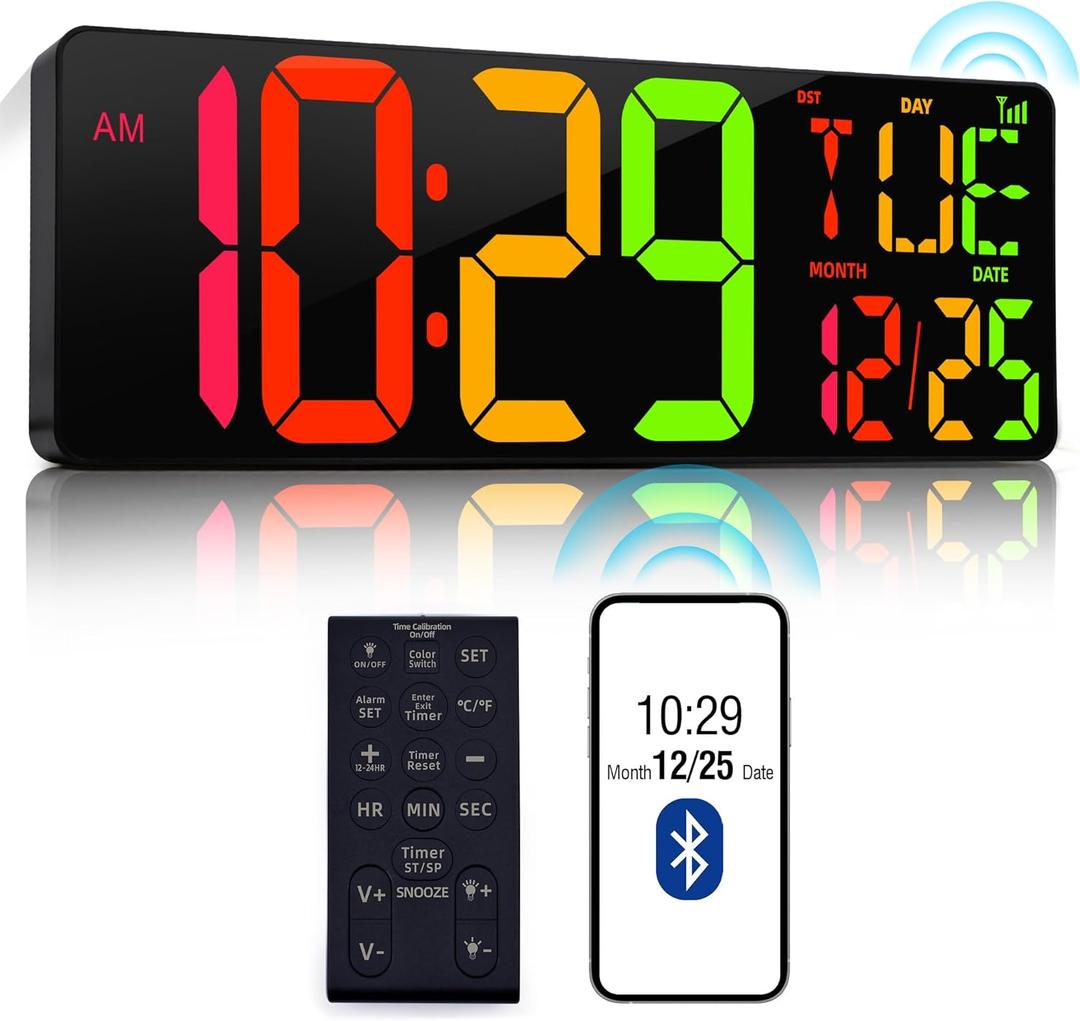 CYMHCHL Large Digital Wall Clock 17.2" Bluetooth Auto Time Sync Led Digital Clock Large Display 11 RGB Colors Auto-Dimming/DST Big Timer with Remote Control for Living Room Classroom Decor Garage Gym